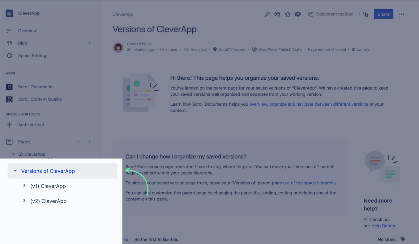The saved document versions highlighted in the Confluence page tree