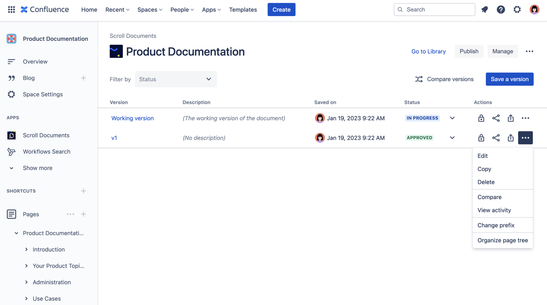 More document actions selected within the Document Manager